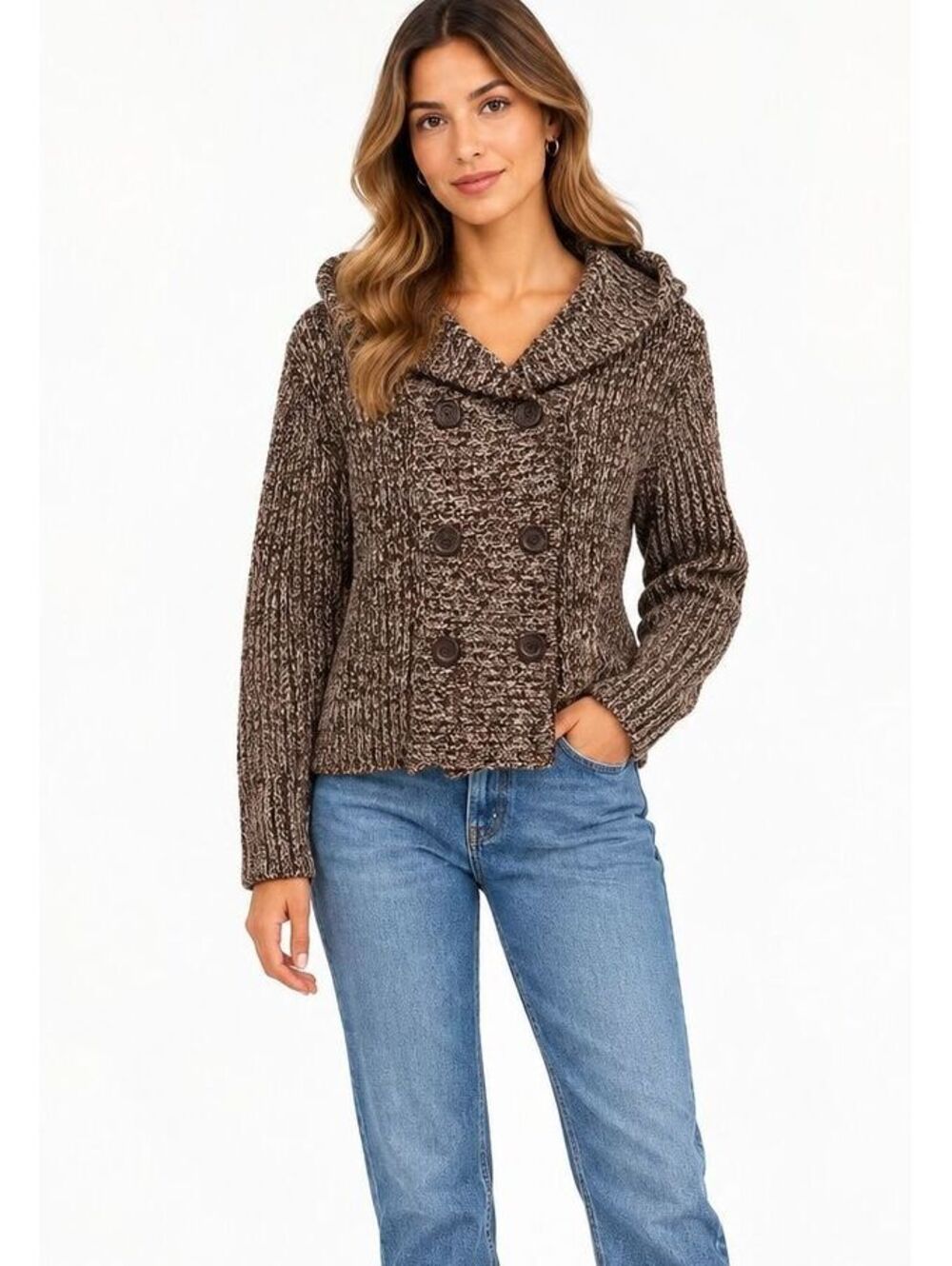 Brown Marled Hooded Cardigan Double Breasted Chunky Knit Sweater Jacket Womens